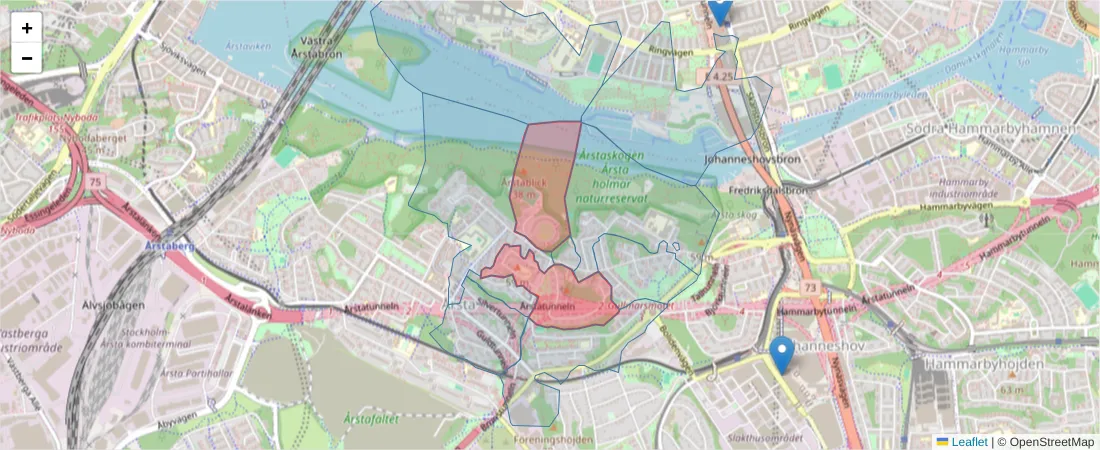 Karta över postnummerområdet  och angränsande postnummer i Sverige