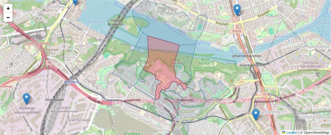 Karta över postnummerområdet  och angränsande postnummer i Sverige
