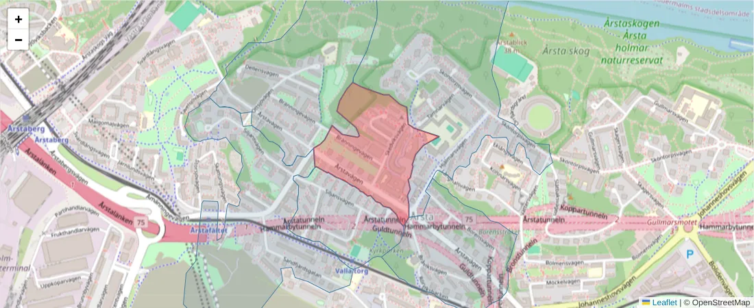 Karta över postnummerområdet  och angränsande postnummer i Sverige