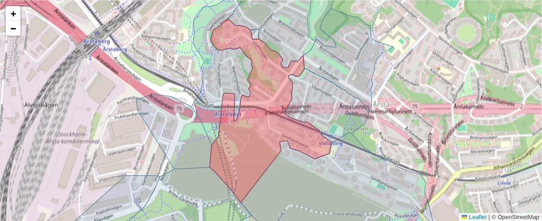 Karta över postnummerområdet  och angränsande postnummer i Sverige