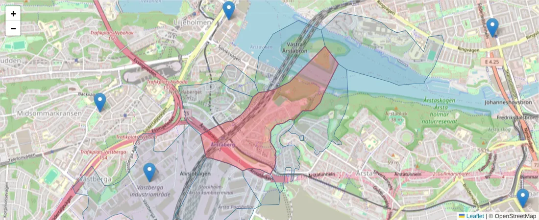Karta över postnummerområdet  och angränsande postnummer i Sverige