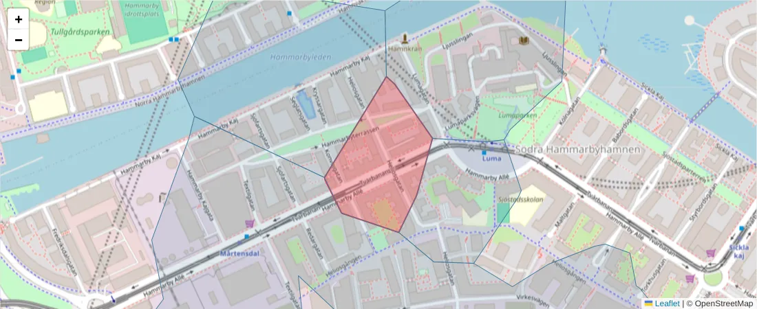 Karta över postnummerområdet  och angränsande postnummer i Sverige