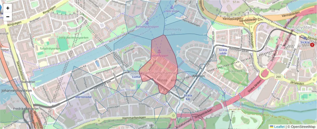 Karta över postnummerområdet  och angränsande postnummer i Sverige