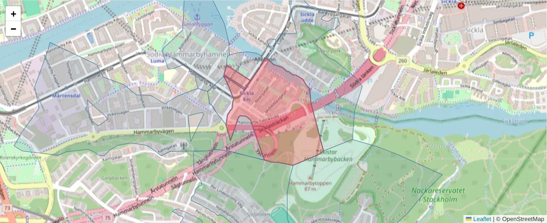 Karta över postnummerområdet  och angränsande postnummer i Sverige