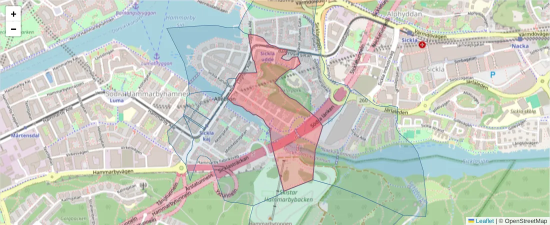 Karta över postnummerområdet  och angränsande postnummer i Sverige