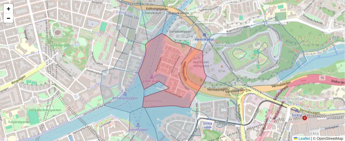 Karta över postnummerområdet  och angränsande postnummer i Sverige