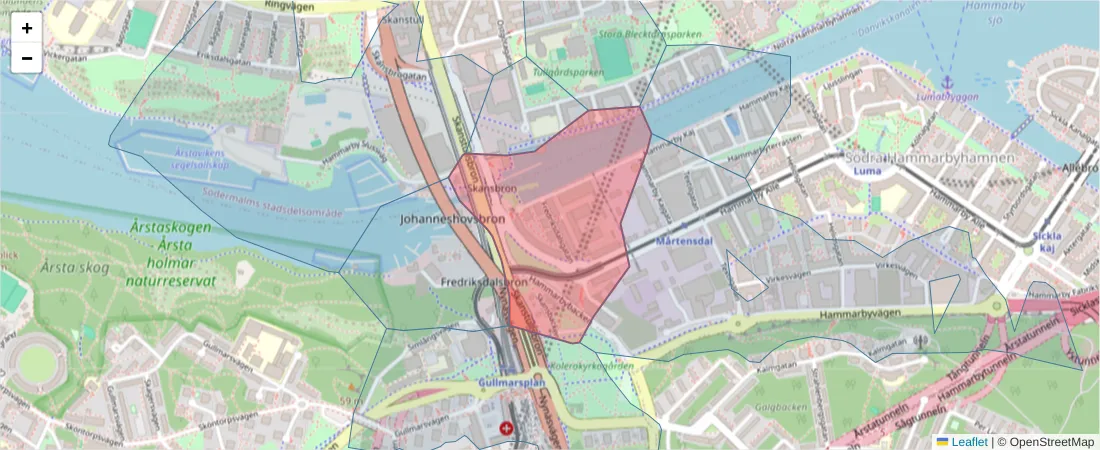 Karta över postnummerområdet  och angränsande postnummer i Sverige