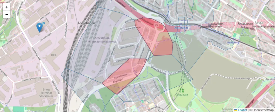 Karta över postnummerområdet  och angränsande postnummer i Sverige