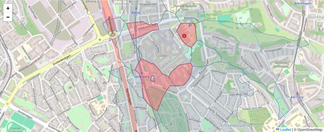Karta över postnummerområdet  och angränsande postnummer i Sverige