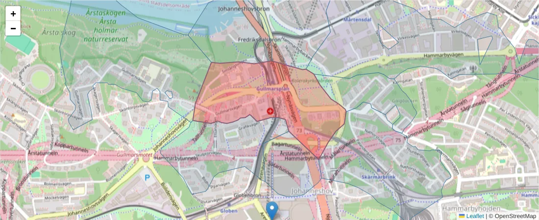 Karta över postnummerområdet  och angränsande postnummer i Sverige