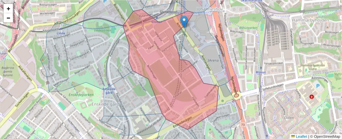 Karta över postnummerområdet  och angränsande postnummer i Sverige