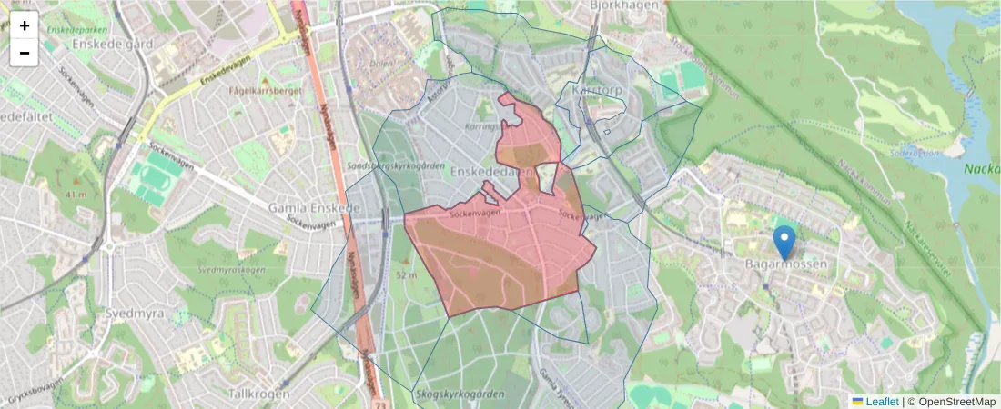 Karta över postnummerområdet  och angränsande postnummer i Sverige