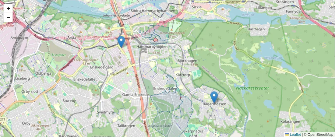 Karta över postnummerområdet  och angränsande postnummer i Sverige