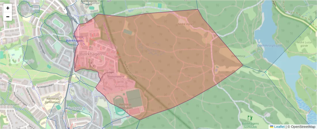 Karta över postnummerområdet  och angränsande postnummer i Sverige