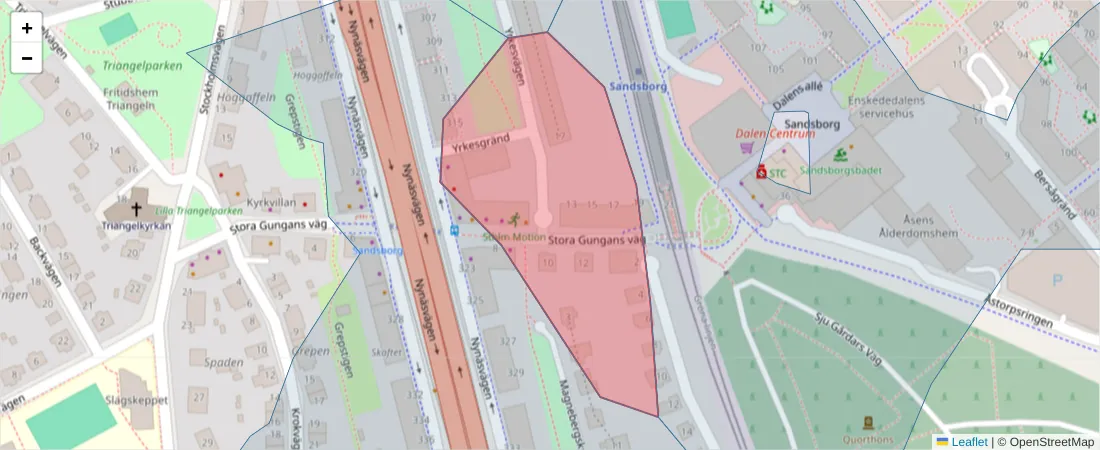 Karta över postnummerområdet  och angränsande postnummer i Sverige