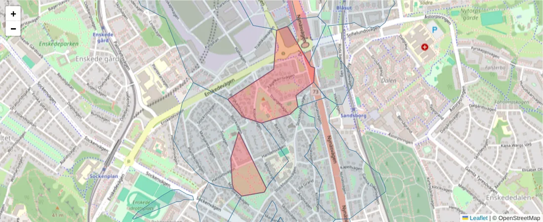 Karta över postnummerområdet  och angränsande postnummer i Sverige