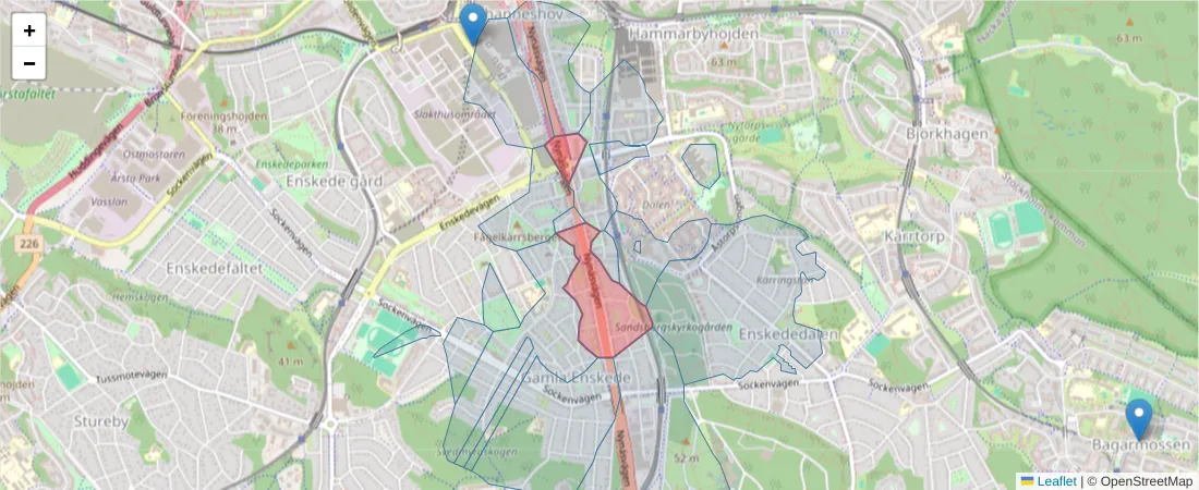 Karta över postnummerområdet  och angränsande postnummer i Sverige
