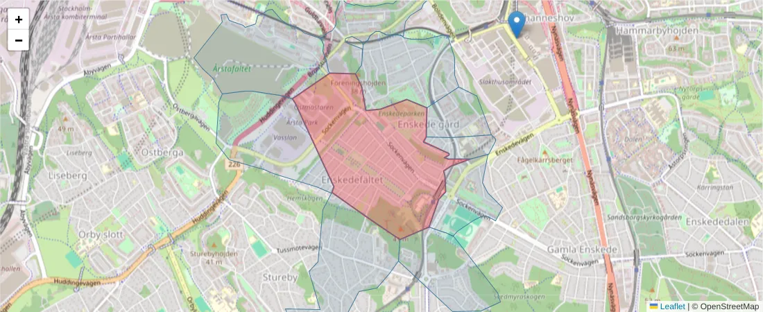 Karta över postnummerområdet  och angränsande postnummer i Sverige