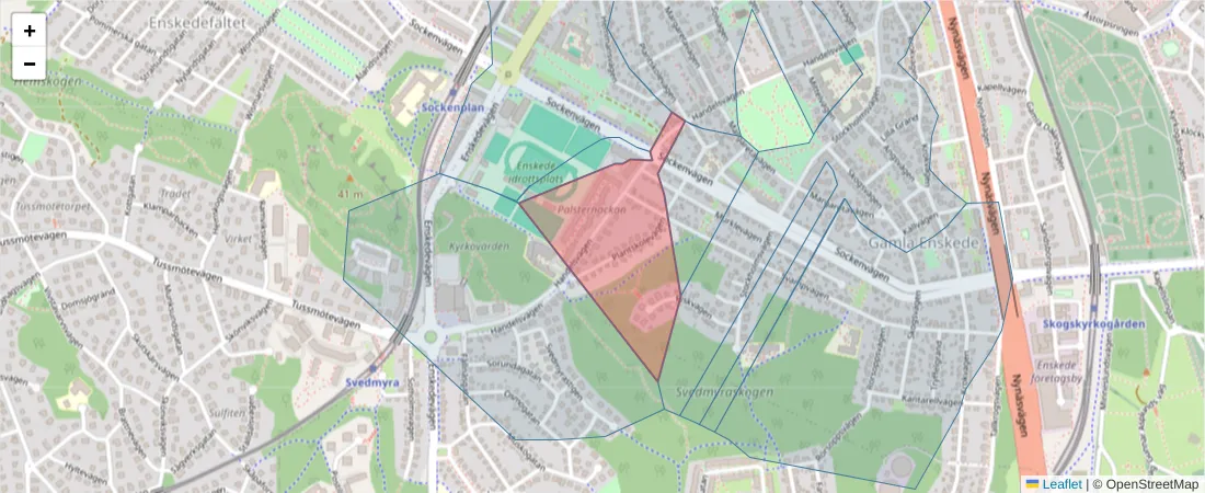 Karta över postnummerområdet  och angränsande postnummer i Sverige