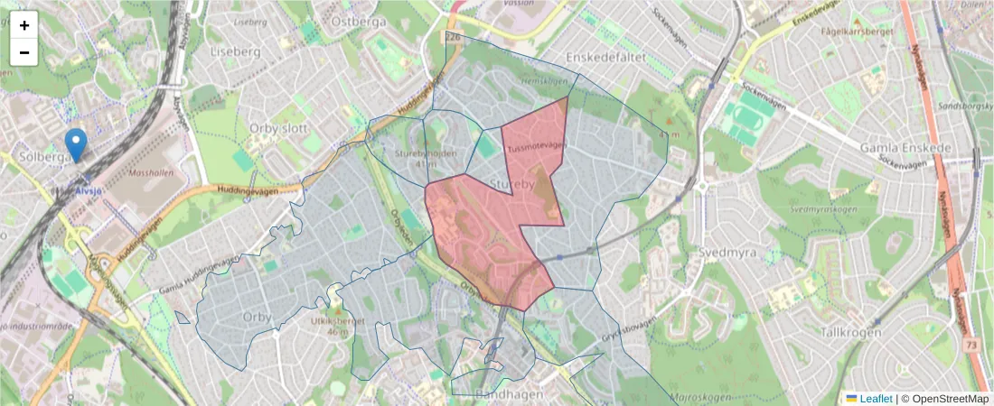 Karta över postnummerområdet  och angränsande postnummer i Sverige
