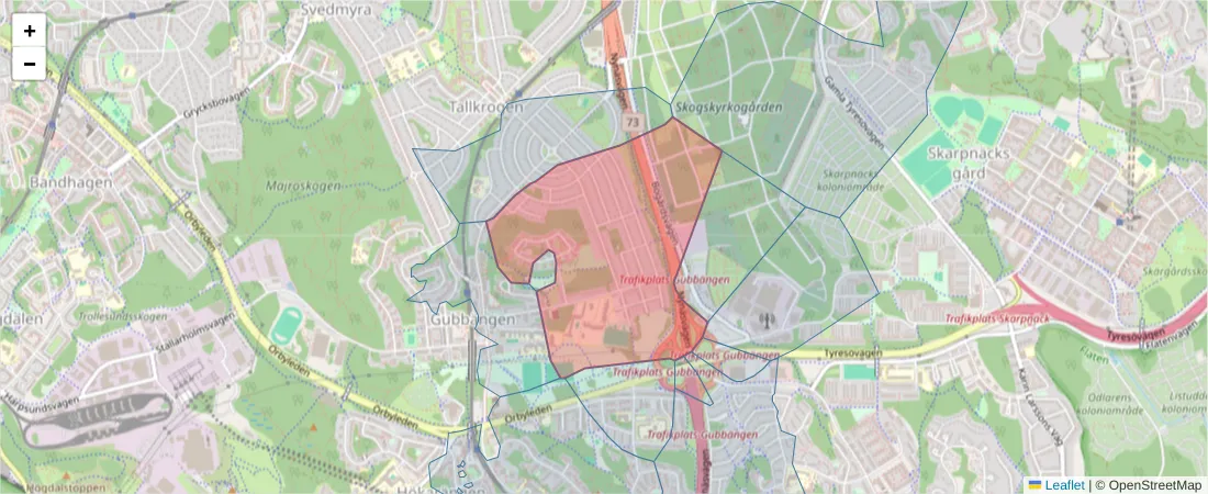 Karta över postnummerområdet  och angränsande postnummer i Sverige
