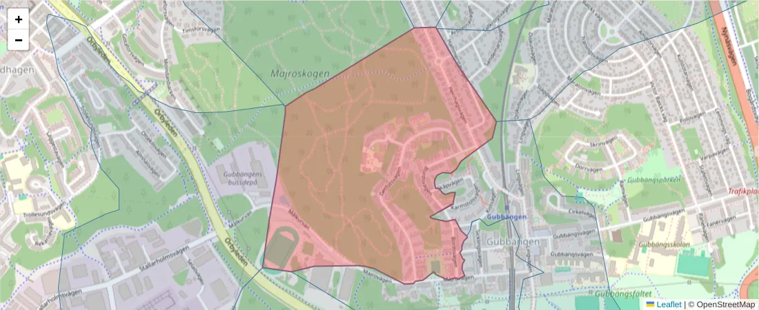 Karta över postnummerområdet  och angränsande postnummer i Sverige