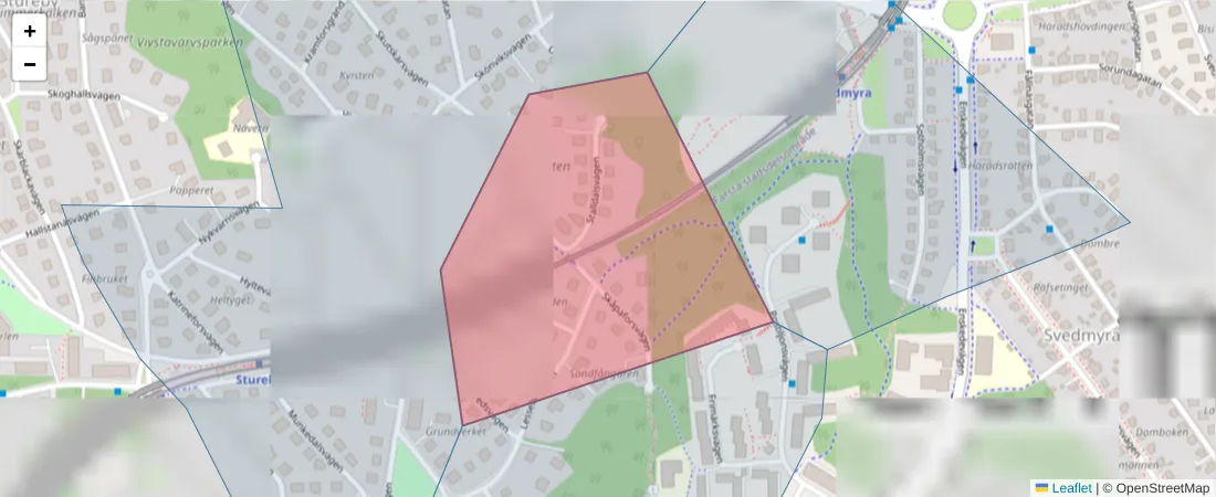 Karta över postnummerområdet  och angränsande postnummer i Sverige