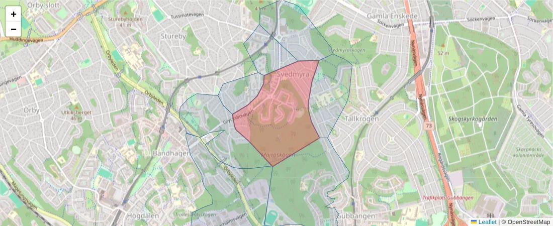 Karta över postnummerområdet  och angränsande postnummer i Sverige