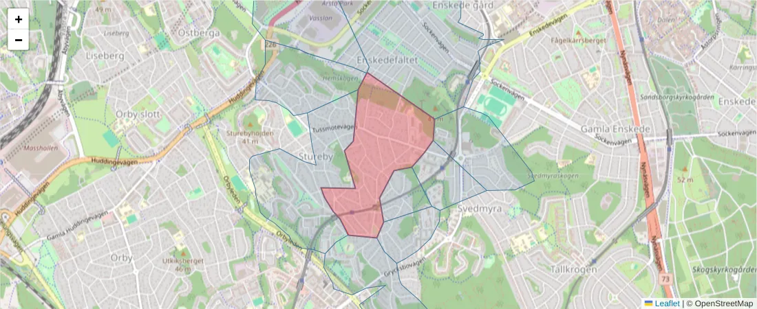 Karta över postnummerområdet  och angränsande postnummer i Sverige