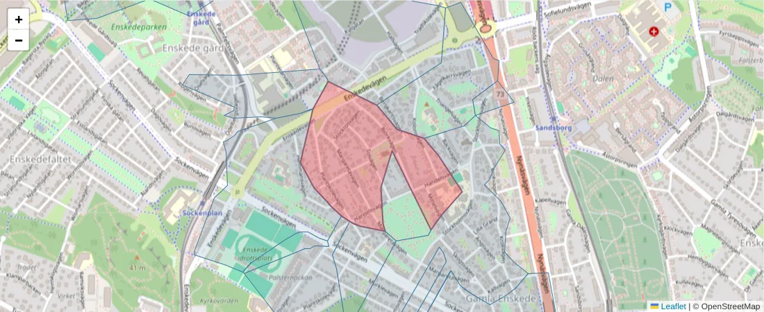 Karta över postnummerområdet  och angränsande postnummer i Sverige