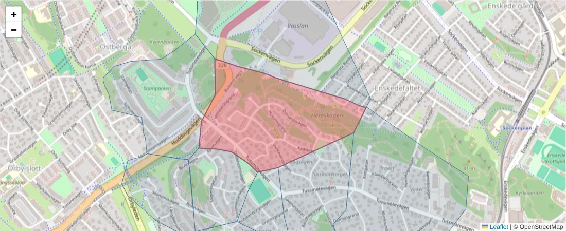 Karta över postnummerområdet  och angränsande postnummer i Sverige