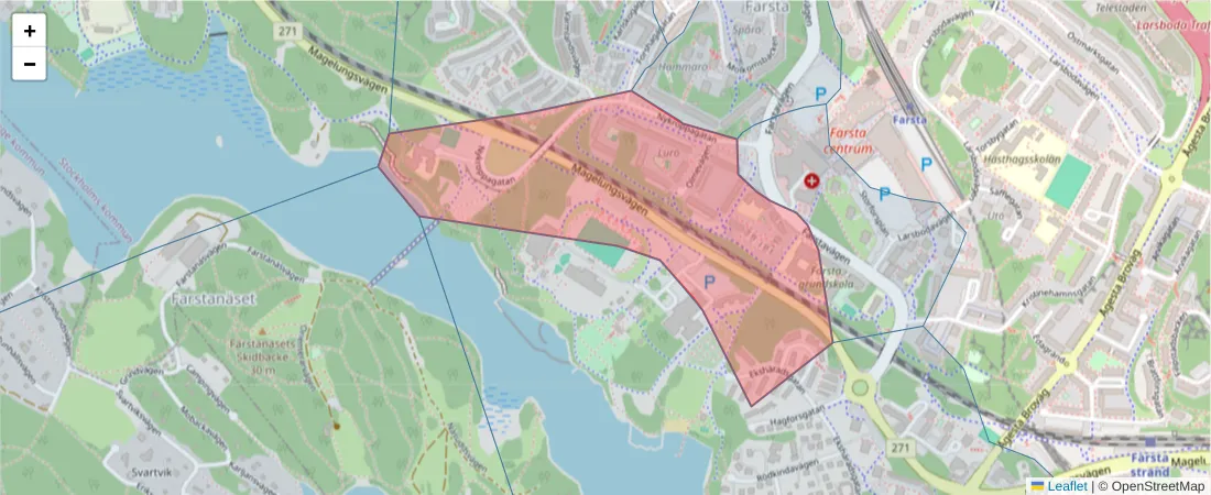 Karta över postnummerområdet  och angränsande postnummer i Sverige