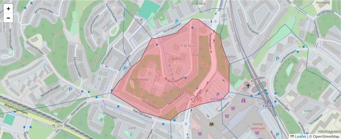 Karta över postnummerområdet  och angränsande postnummer i Sverige