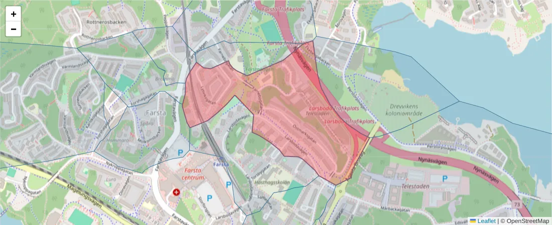 Karta över postnummerområdet  och angränsande postnummer i Sverige