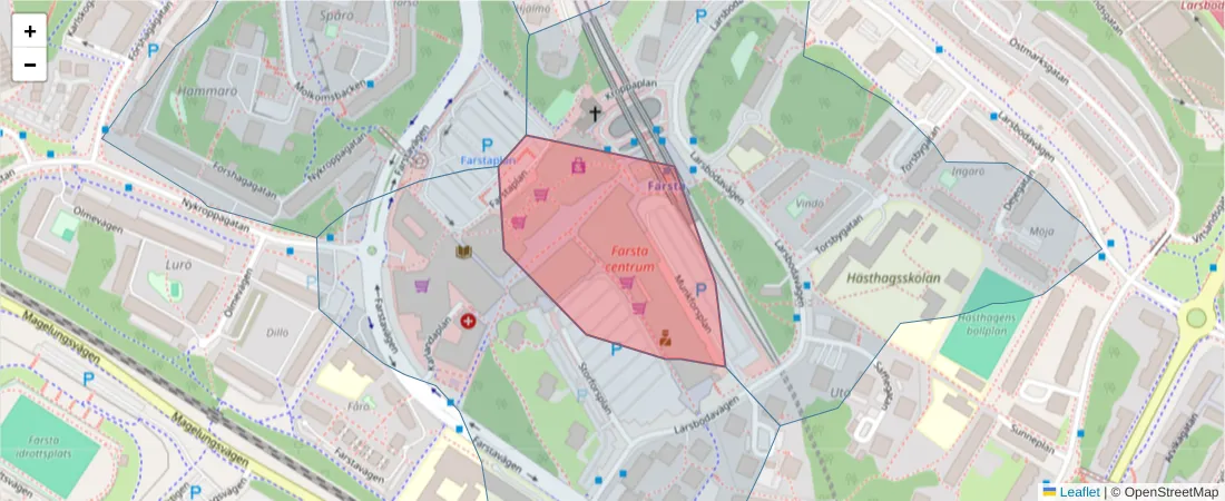 Karta över postnummerområdet  och angränsande postnummer i Sverige