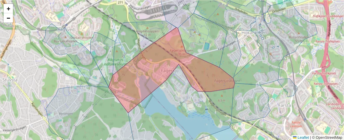Karta över postnummerområdet  och angränsande postnummer i Sverige
