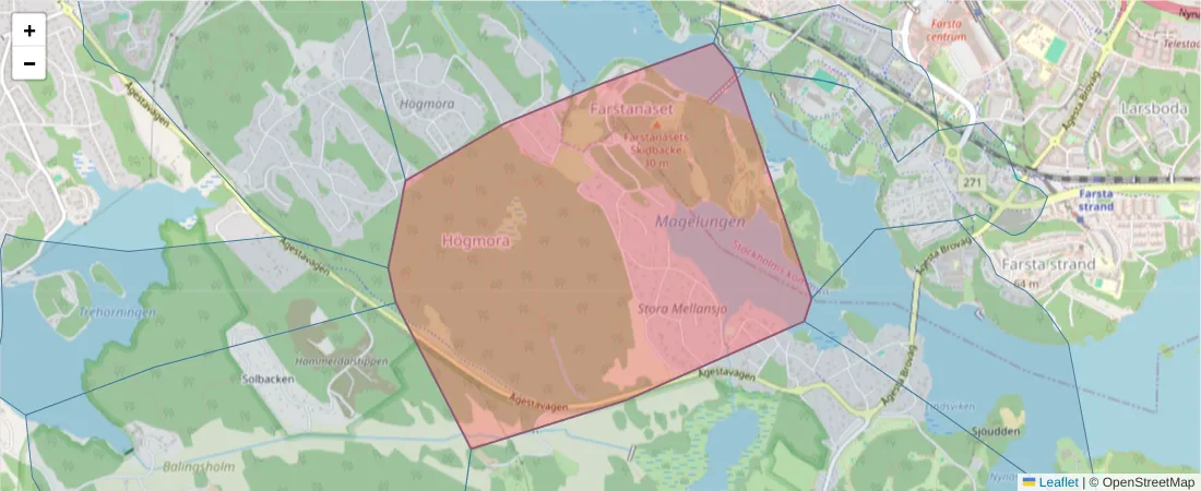Karta över postnummerområdet  och angränsande postnummer i Sverige