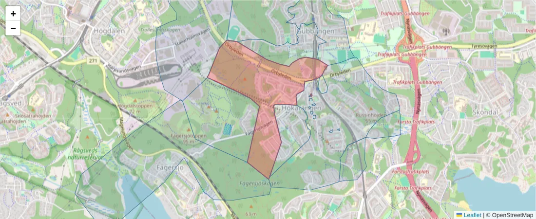 Karta över postnummerområdet  och angränsande postnummer i Sverige