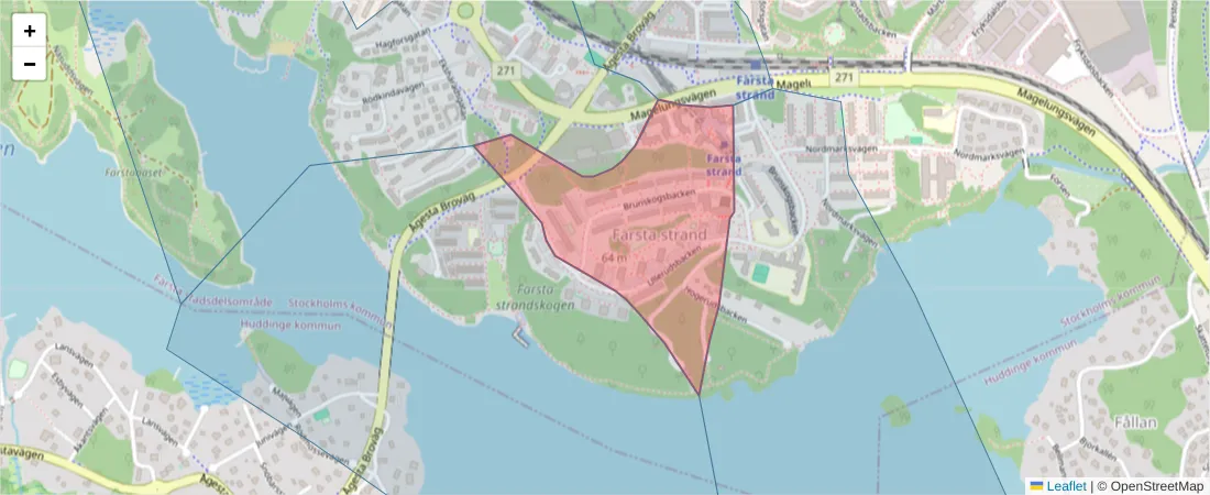 Karta över postnummerområdet  och angränsande postnummer i Sverige