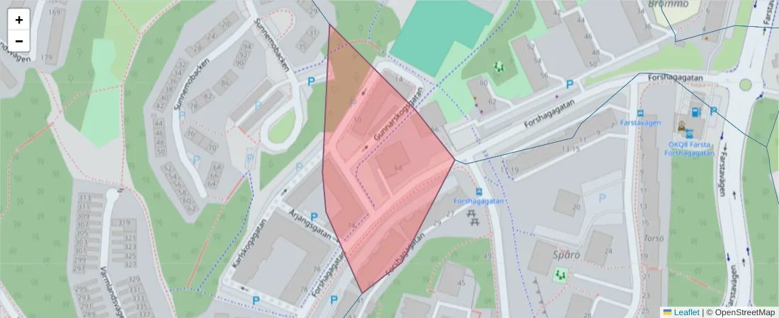 Karta över postnummerområdet  och angränsande postnummer i Sverige