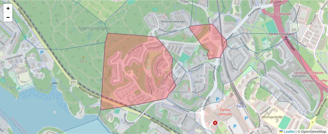 Karta över postnummerområdet  och angränsande postnummer i Sverige