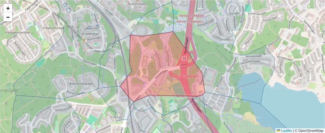 Karta över postnummerområdet  och angränsande postnummer i Sverige