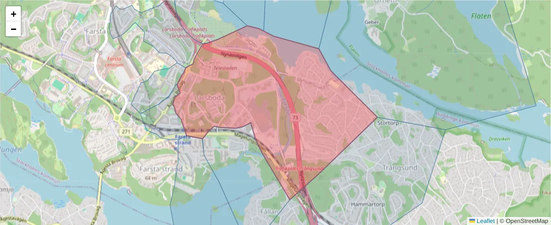 Karta över postnummerområdet  och angränsande postnummer i Sverige