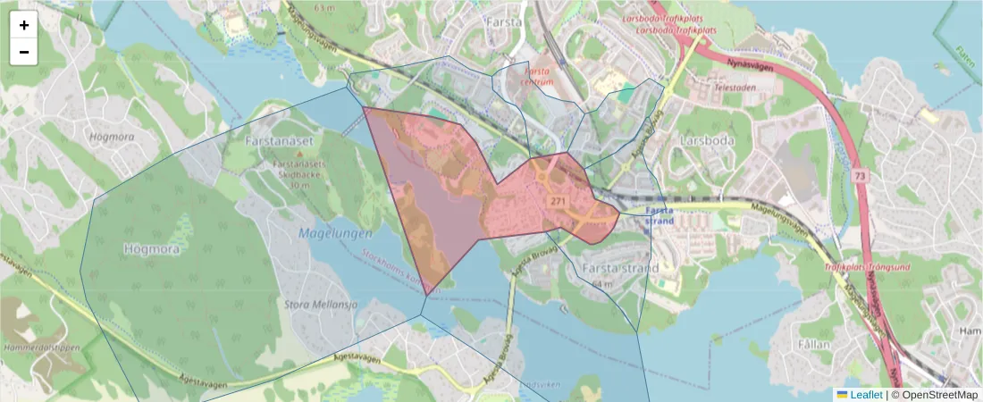 Karta över postnummerområdet  och angränsande postnummer i Sverige