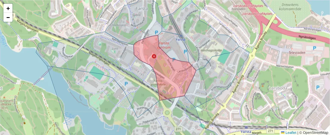 Karta över postnummerområdet  och angränsande postnummer i Sverige
