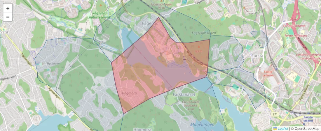 Karta över postnummerområdet  och angränsande postnummer i Sverige