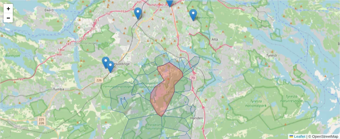 Karta över postnummerområdet  och angränsande postnummer i Sverige
