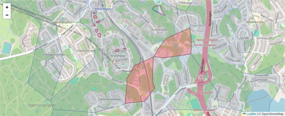 Karta över postnummerområdet  och angränsande postnummer i Sverige