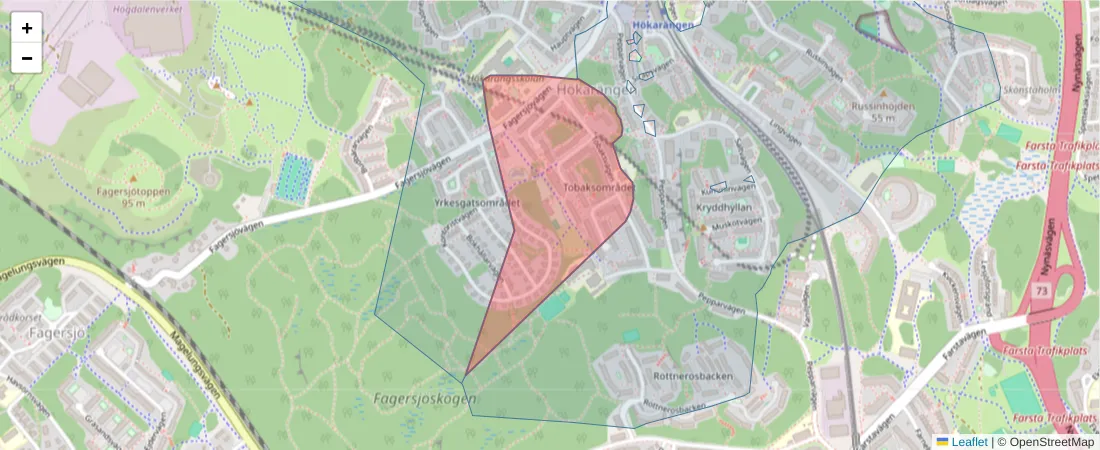 Karta över postnummerområdet  och angränsande postnummer i Sverige