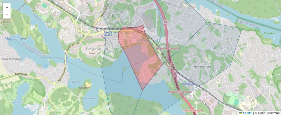 Karta över postnummerområdet  och angränsande postnummer i Sverige